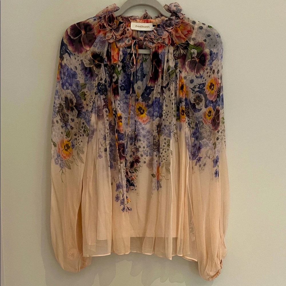 ZIMMERMAN SIZE 2-WOMEN'S TAMA FLORAL BALLOON-SLEEVE BLOUSE IN PURPLE PANSY PRINT